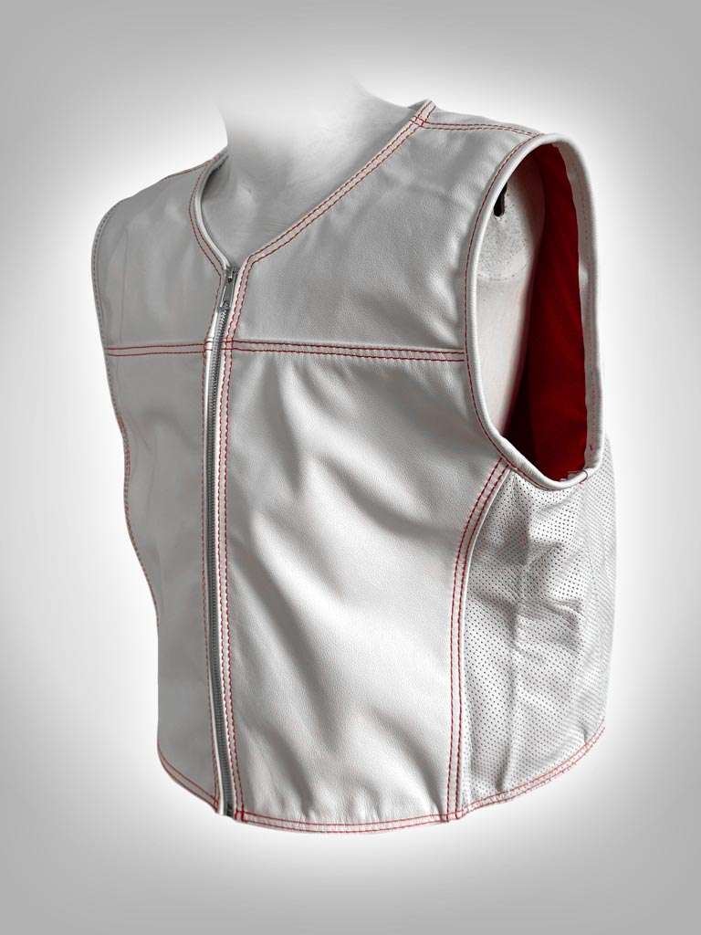 white leather motorcycle vest front quarter